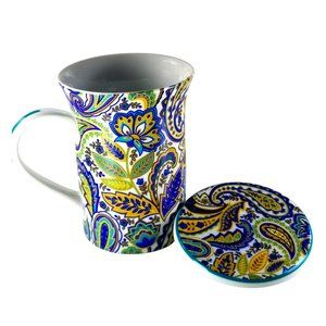 Barnes & Noble Punctuate Coffee Tea Cocoa Mug Lid Blue & Yellow Paisley Floral